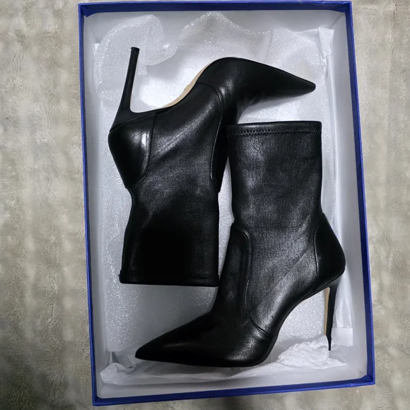 Stuart Weitzman Black Pointed Toe Leather Stiletto Sock Boots - Picture 10 of 10